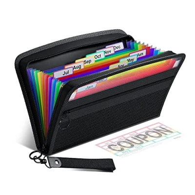 Immagine di Thinktex Organizzatore di Buoni per Ricevute, 12 Tasche File a Fisarmonica Piccole Dimensioni, Dimensioni 28 X 15 Cm,Chiusura con Cerniera,Colorate Etichette