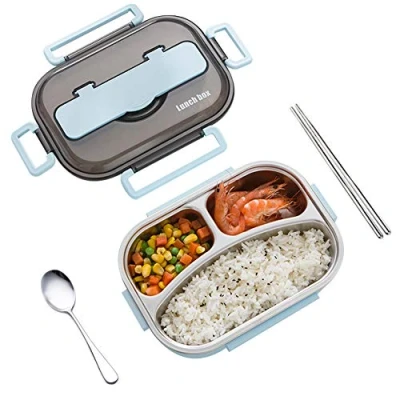 Immagine di amropi Scatole Bento Lunch Box Acciaio Inossidabile Contenitori 2/3/4/5 Scomparto Dispensa con Bastoncini e Cucchiaio (Blu, 3 Scomparto)