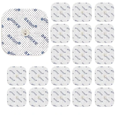 Immagine di 20 elettrodi axion 5x5 cm Compatibili con elettrostimolatori COMPEX Patch di ricambio per TENS ed EMS riutilizzabili e autoadesivi Connettore pulsante snap 3,75 mm