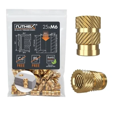 Immagine di ruthex Inserto filettato M6 25 pezzi RX M6x12.7 Boccola filettata in ottone dado di inserimento per parti plastica utilizzabile stampate 3D tramite calore o ultrasuoni