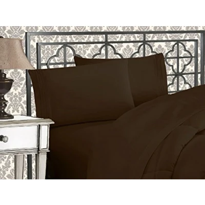 Immagine di Elegant Comfort Lussuoso set di lenzuola 1500 in microfibra qualità alberghiera, tre linee, ricamate, morbide, 4 pezzi, resistente alle pieghe e allo sbiadimento, per letto king size, marrone
