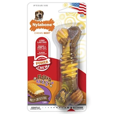 Immagine di Nylabone Masticabile Dura Power Chew per l&#039;igiene Dentale a Forma di Osso texturizzato Gusto Manzo e Formaggio Cani Taglia Media (Fino 16 kg) Mascelle Estreme/Forti