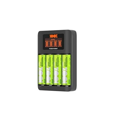 Immagine di Caricabatterie con 4 Pile Ricaricabili AA 100% PeakPower Caricatore Intelligente Indicatori di Carica LCD per e AAA NiMH