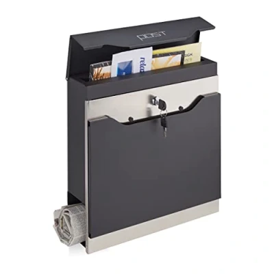 Immagine di Relaxdays Cassetta della Posta con Scomparto Portagiornali, Porta Lettere Parete, in Acciaio, 37x37x11 cm, Nero Argento