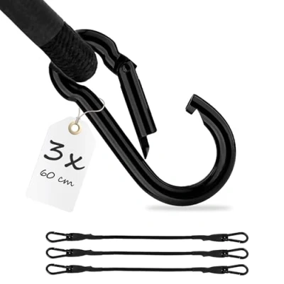 Immagine di ECENCE 3x corda elastica con moschettone della lunghezza di 60cm, colore Nero Cinghia elastica, tenditore per bagagli, estensore, tensione biciclette