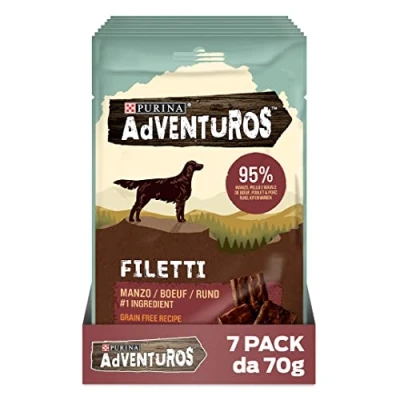 Immagine di Purina Adventuros High Meat Filetti Snack Cani Ricco in Manzo, 7 Confezioni da 70g, 1 Unità (Confezione 7)