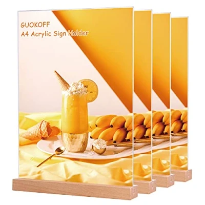 Immagine di GUOKOFF Porta Menu da Tavolo A4 (4 Pezzi), Avvisi A4, Espositore in Acrilico, Supporti menù legno, Portamenu A Forma di T