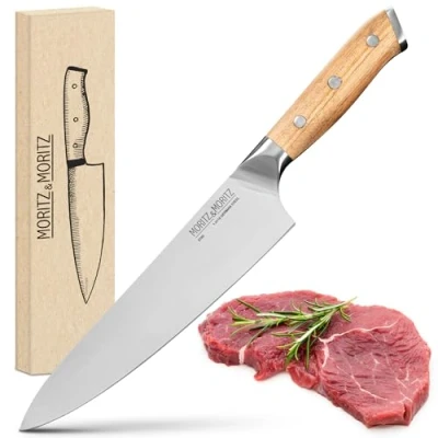 Immagine di Moritz &amp; Coltello da Chef 20 cm Cucina Professionale per Carne, Verdure e altro Universale di Alta Qualità con Manico Ergonomico in Legno Acacia