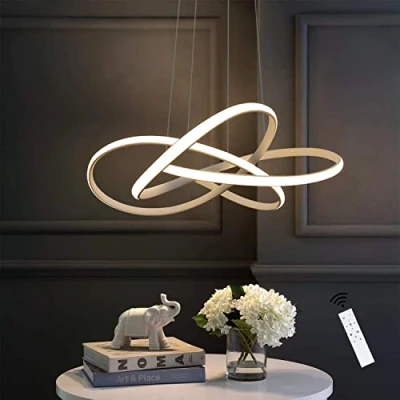 Immagine di Moderna sospensione LED con design a spirale, 64W dimmerabile telecomando, luce lampadario regolabile in altezza, per soggiorno, camera da letto, sala pranzo, isola della cucina (D Bianco)