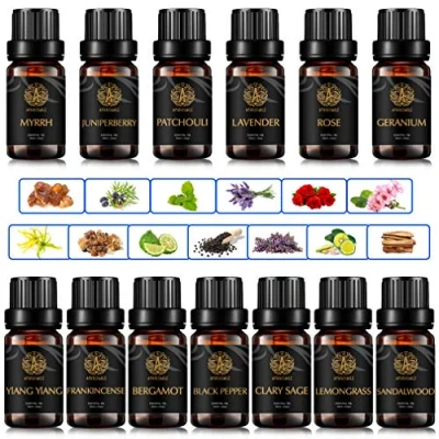 Immagine di Aromaterapia patchouli oli essenziali Set per diffusore, 13x10ml 100% Olio essenziale puro pepe nero,salvia sclarea,geranio,bacche di ginepro,mirra,rosa olio, terapeutico Grade Oilo Essential Kit