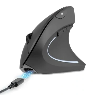 Immagine di perixx PERIMICE 713R Mouse verticale wireless ricaricabile, doppia funzione di ricarica cablata e wireless, design a 6 pulsanti, colore nero, per destrorsi