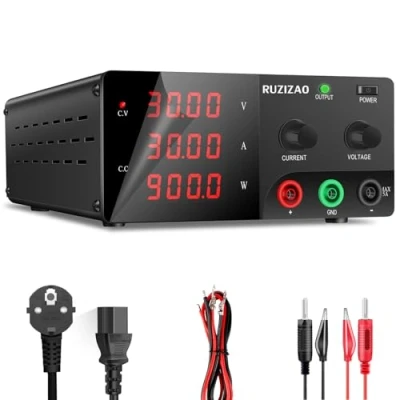 Immagine di RUZIZAO Alimentatore da Banco 30V 30A 900W, Laboratorio Regolabile con Manopola Encoder, Professionale DC Alta Potenza Display a LED 4 Cifre e Uscita Stabile