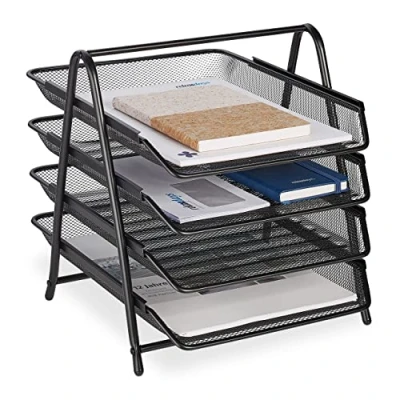 Immagine di Relaxdays Organizer Portadocumenti con 4 Vaschette, Portalettere A4, HLP: 32,5 x 30 35,5 cm, Rete in Acciaio, Nero, 100%