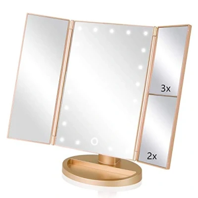 Immagine di Infitrans Specchio con Luce,Specchi da Tavolo Touch Screen Tri Fold, ingrandimento 1x / 2X 3X e Caricatore USB o Wireless, Luce LED Regolabile a 180 per Il banco Viaggio (Oro)