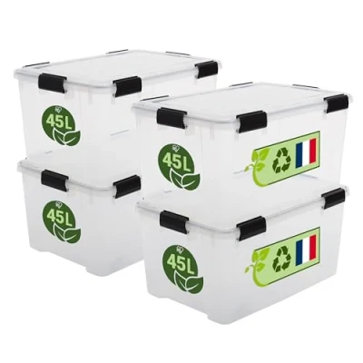 Immagine di Iris Ohyama, Scatola di Raccoglimento Ermetica in Plastica, 45L, Lotto 4, Trasparente, Coperchio, Giunto Stagno, Clip Chiusura, Impilabile, per Esterno, Garage, Abbigliamento, No Polvere, WSB 45
