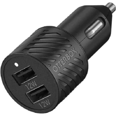 Immagine di OtterBox Caricatore auto Doppia porta 24W, USB a 12W + 12W, carica per Smartphone e Tablet, resistente cadute, robusto, ultra durevole, Nero