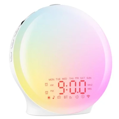 Immagine di Sveglia Alba Bluetooth,Wake up Light Luce Sveglia, da Comodino a Schermo Intero con Simulazione Alba/Tramonto,Doppio Allarme,17 Colori, 22 Suoni Naturali,Snooze,Radio FM,Controllo Rullo