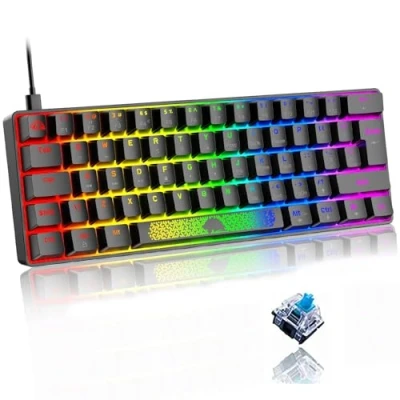 Immagine di LEAVEN T60 Mini tastiera gaming meccanica 60% Compact rgb led retroilluminata light up QWERTY switch blu Typ c Ergonomico piccola Anti ghosting, per PC Computer Laptop Mac Nero
