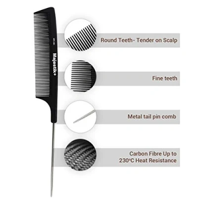 Immagine di Pettine professionale per capelli di Majestik+ in acciaio al carbonio, resistente e durevole. Nero, a denti stretti media larghezza, con custodia PVC su misura