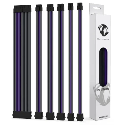 Immagine di Reaper Set di estensioni per alimentatori con manicotto cavi, prolunghe alimentatori, 1 da 24 pin, 2 8 6 4+4 pettini, 30 cm (carbonio e viola)