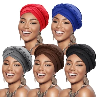 Immagine di DRESHOW Donna Africane Turbante Pre Legato Copricapo a treccia Testa Avvolge Cappello Boho Chemio Cap Elastico Annodato Berretto