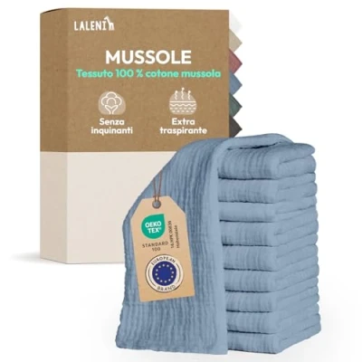 Immagine di Laleni Mussole Neonato Cotone 70x70cm In Set Di 20 Quadrotti Per Pelli Sensibili Asciugamani Extra Morbidi E Assorbenti Lavette Quadrati Blu