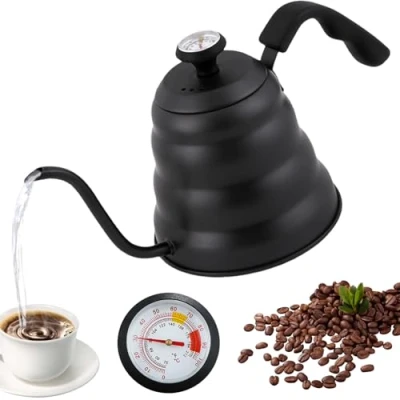 Immagine di bollitore a collo di cigno, 1200 ml, in acciaio inox, cigno con termometro per tutti i tipi fornelli, durevole e facile da pulire, nero