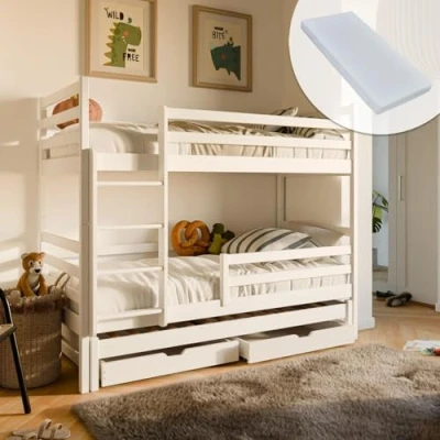 Immagine di Letto a castello 90 x 200 cm con estraibile e tre materassi per bambini funzione estraibile, due cassetti, rete doghe, protezione anticaduta, trasformabile in letti singoli