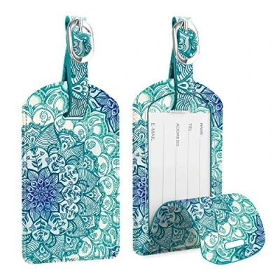 Immagine di [2 Pezzi] Etichette per Bagagli, Fintie Viaggio bagagli Tag in Similpelle con Copertina Posteriore la Borsa da Viaggio, Emerald Illusions