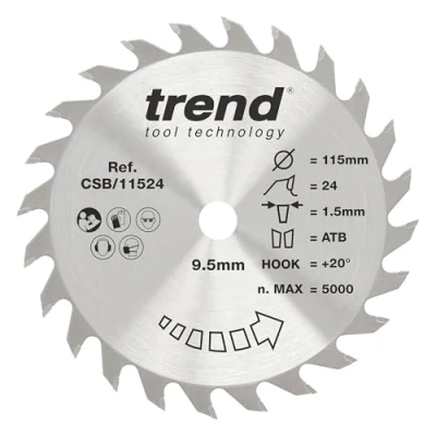 Immagine di Trend CraftPro CSB/11524 Lama combinata senza fili TCT per mini seghe legno, diametro 115 mm, foro 9,5 24 denti, taglio 1,5 gancio +20,
