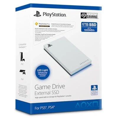 Immagine di Seagate Game Drive per PS5, 1 TB, USB 3.2 con licenza ufficiale, colore bianco illuminazione LED blu, 2 anni Rescue Services (STMH1000200)