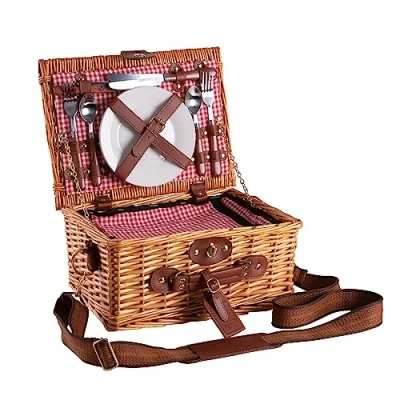Immagine di eGenuss Cestino da picnic in vimini per 2 Persone con tracolla rimovibile, scomparto frigo e accessori inclusi ROSSO