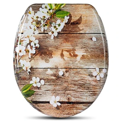 Immagine di WOLTU Sedile WC Copriwater Universale con Chiusura Ammortizzata Tavoletta Antibatterico Soft Close Cerniere Regolabili Toilet Seat Colore WS2727 Fiore Bianco