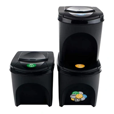 Immagine di Prosperplast Set di 3 contenitori per raccolta differenziata, capacità totale 60 litri, impilabili, colore antracite, x 25 litri