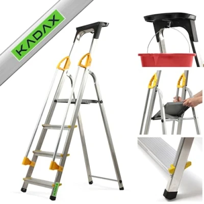 Immagine di KADAX Scala Portatile in Alluminio, Scaletta Pieghevole con Gradini Antiscivolo e Corrimani Laterali, Portata Fino a 150 kg, Certificata EN 131 (4 Gradini)