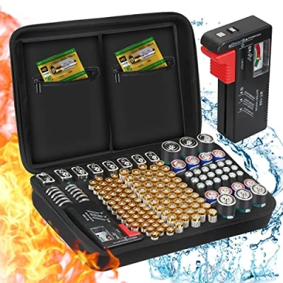 Immagine di Custodia per Organizer Batterie, ENSOBO Batterie Contiene 148 di Varie Dimensioni (AA AAA C D 9V), con Tester Batteria Rimovibile (Batterie non Incluse), Nero
