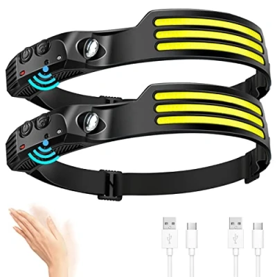 Immagine di DAWINSIE Torcia Frontale LED (2 Pezzi), Lampada IPX4 Impermeabile Lampade da Testa USB Ricaricabile Regolabile con Sensore di Movimento per Pesca,Campeggio, Escursioni,Bicicletta