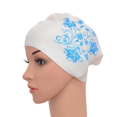 Immagine di Medifier. Elastico per capelli lunghi in silicone, da donna, piscina, cuffie, cappelli, con stampa a fiore, White