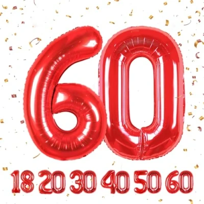 Immagine di Palloncini Compleanno 60 anni Rosso 101 CM Palloncino Numero Gonfiabile in Foil Decorazioni di un uomo donna Vola con l&#039;Elio