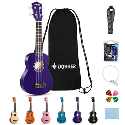 Immagine di Donner Ukulele Soprano per Principiante Adulto Kit da 21 Pollici con Custodia Tracolla Corde Accordatore Plettri Colore Viola