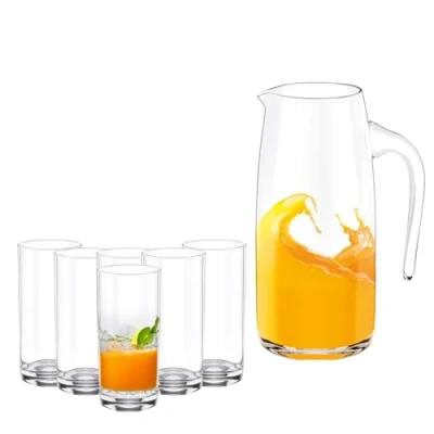 Immagine di Wilmax brocca in vetro da 1 l, con 6 bicchieri 390 ml, set di bevande, per succo, acqua, tè freddo, latte, caraffa vetro, lavabile lavastoviglie,
