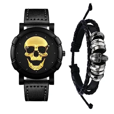 Immagine di Silverora set di 2 orologi da uomo con teschio, in pelle, cinturino analogico, al quarzo, per Halloween, Steampunk, gotico, regolabile, regalo uomini,