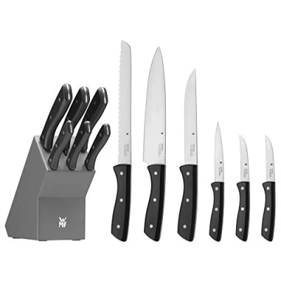 Immagine di WMF Ceppo portacoltelli con set di coltelli da cucina portacoltelli, 6 affilati, blocco in legno laccato, lama speciale acciaio