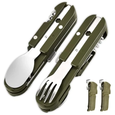 Immagine di set di 2 posate da campeggio pieghevoli, in acciaio inox 5 1, pieghevoli per apribottiglie, come coltello, forchetta, cucchiaio, esterni, portatili