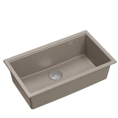 Immagine di QUADRON Lavello in granito Cucina Dimensioni 70 x 37 23,5 cm Colore: Soft Taupe + Acciaio (Lavello da Incasso) LOGAN 110 a vasca singola incasso Base per mobile 80