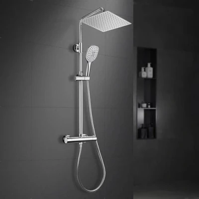 Immagine di Görbach Colonna Doccia Con Termostato Miscelatore Fori Muro Regolabili, Cromo Asta Acciaio Inox Set a Pioggia Rubinetto Doccetta e Soffione 25 * cm