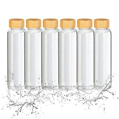 Immagine di Relaxdays Borracce Termiche, Tappo in bambù, Set da 6, Custodia Neoprene, 500ml, Vetro Borosilicato, Trasparente Nero