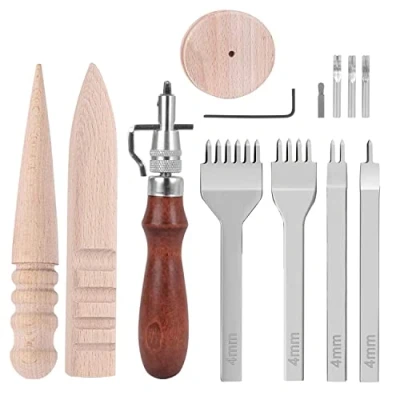Immagine di Strumenti Artigianali in Pelle Kit con 4 Scalpelli Cuoio Scanalatura Bastone Lucidatura Levigante Cucito a Mano Utensili per Cucire da Artigianato DIY Lavorazione