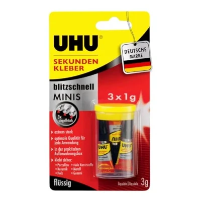 Immagine di UHU colla istantanea Minis, super veloce ed estremamente forte, liquida in pratici mini tubi, 3 x 1 g