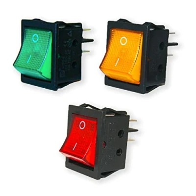 Immagine di GOLDMAN SERVICE Set di 3 interruttori a bilanciere bipolari DPST con luce pilota ON OFF. 4 vie, 16 A, 250 V CA. colori: rosso, verde e arancione